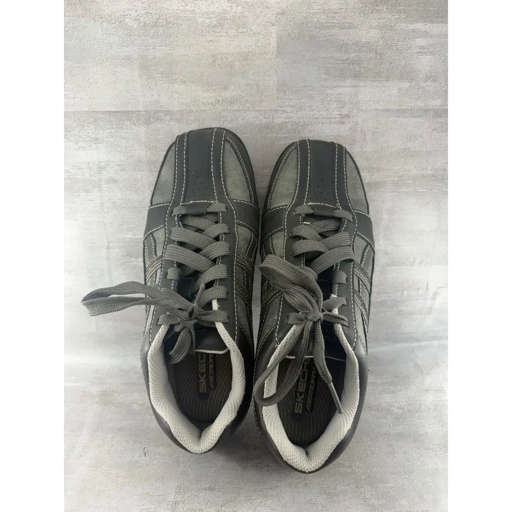 Skechers 64455 Men Charcoal Gray Leather Memory Foam Casual Sneakers Size 7.5